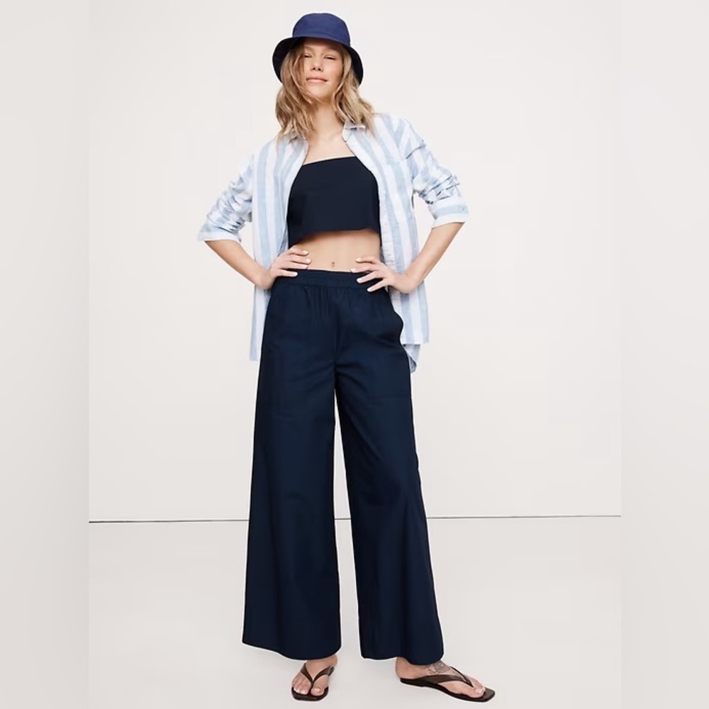 NEW Banana Republic Tapestry Navy Wide-Leg Cotton Poplin Pull-On Ankle Pant📓